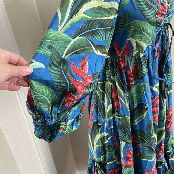 Farm Rio Dream Garden Floral Midi Dress S Puff Sleeve Colorful Tropical Poplin - Picture 12 of 16